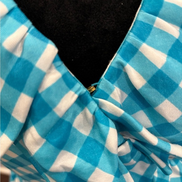 Kate Spade Blue Gingham Ruffle Tie Waist Lined Silk Designer Slimming Dress Sz 4 - Picture 9 of 11